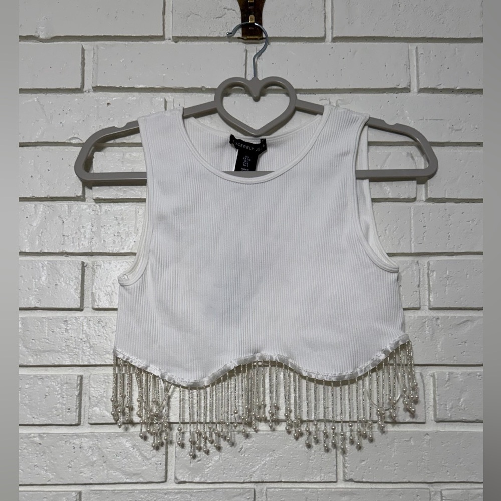Sincerely Jules White Ribbed Crop Top w/ Rhinestone Fringe • Size L • NWT